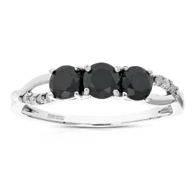 1 CT 3 Stone Black Diamond Ring Criss Cross Design Sterling Silver
