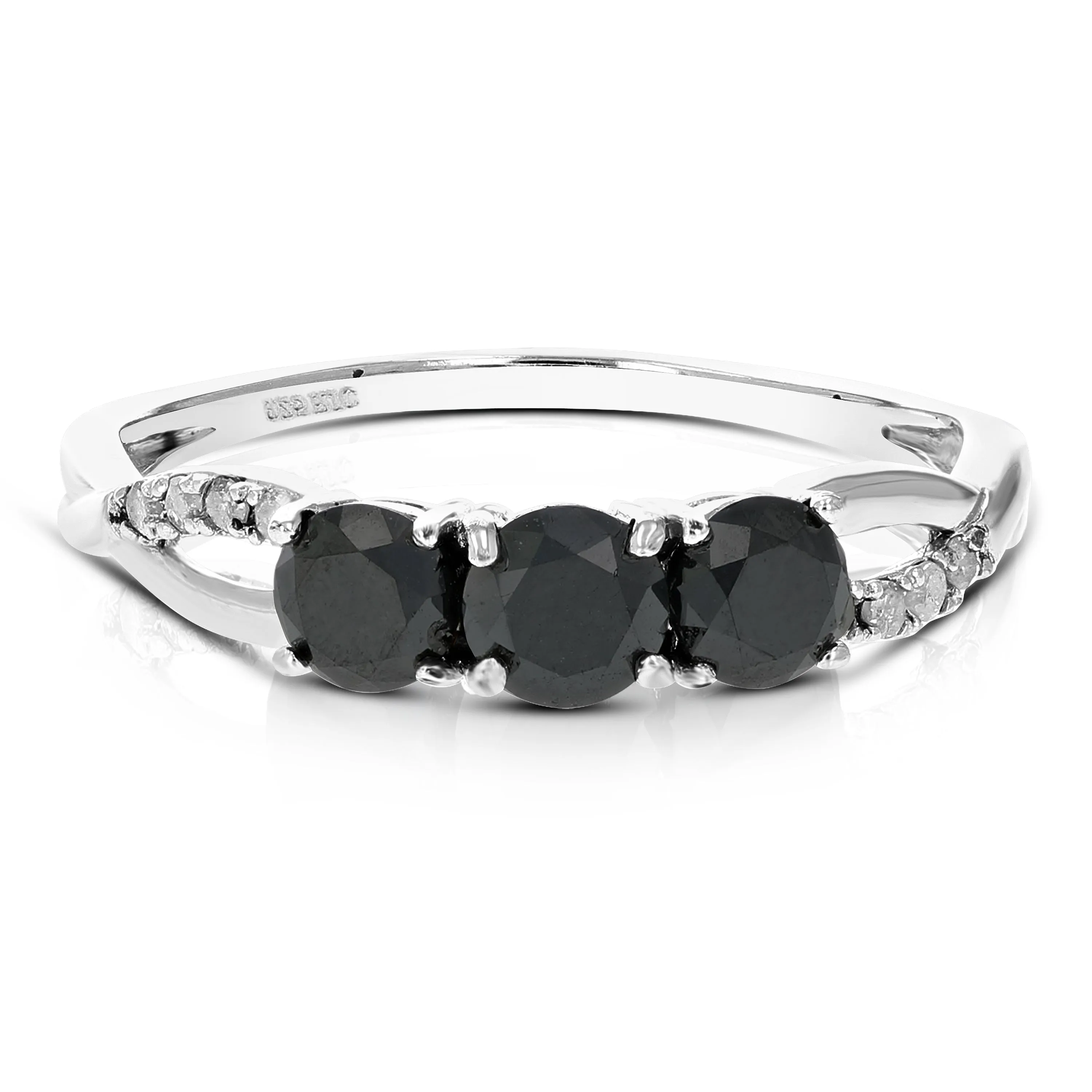 1 CT 3 Stone Black Diamond Ring Criss Cross Design Sterling Silver