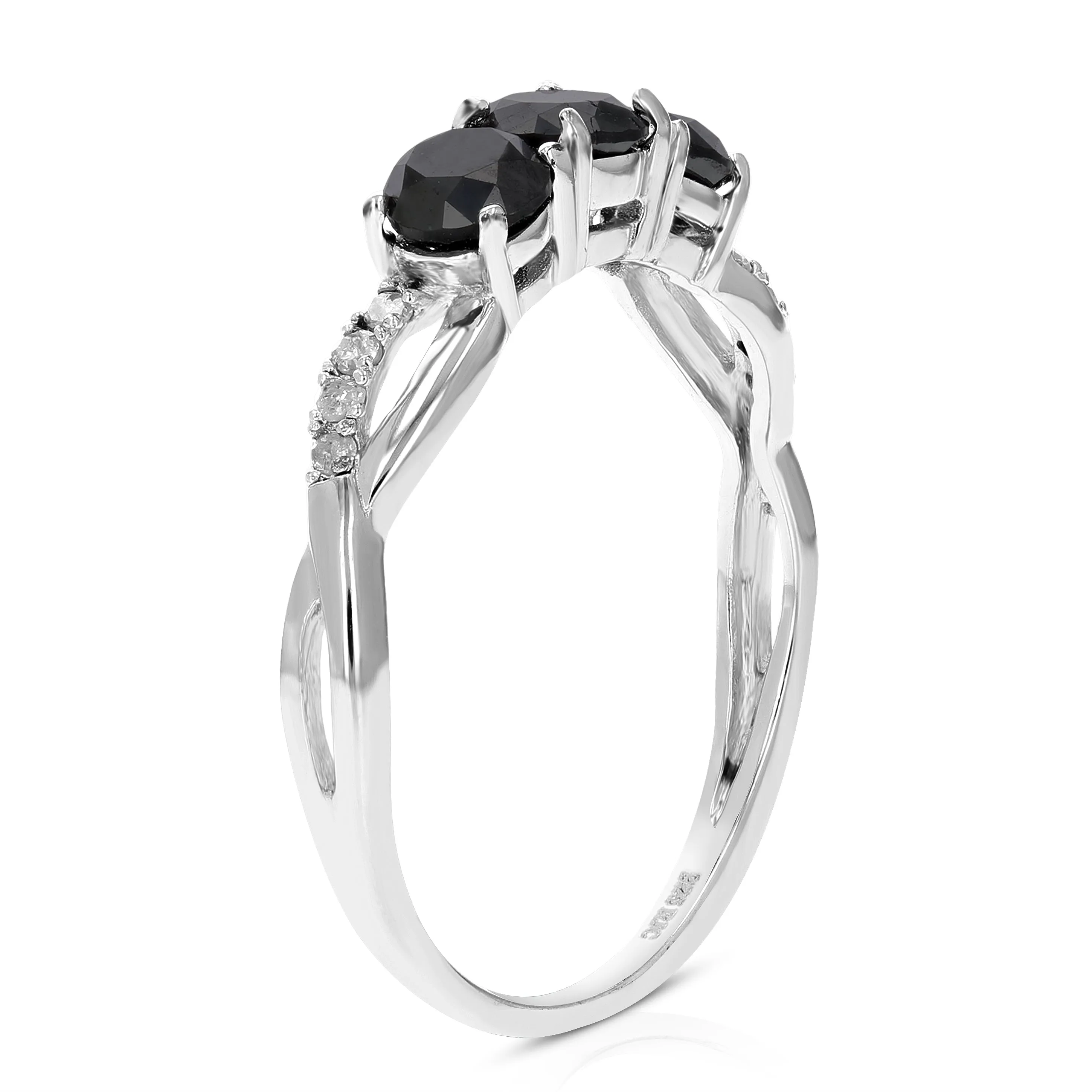 1 CT 3 Stone Black Diamond Ring Criss Cross Design Sterling Silver