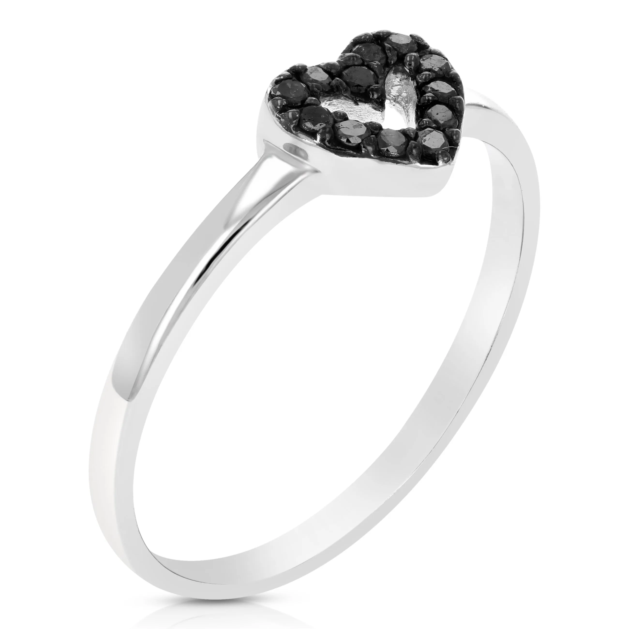 1/10 cttw Black Diamond Heart Shape Ring .925 Sterling Silver Rhodium