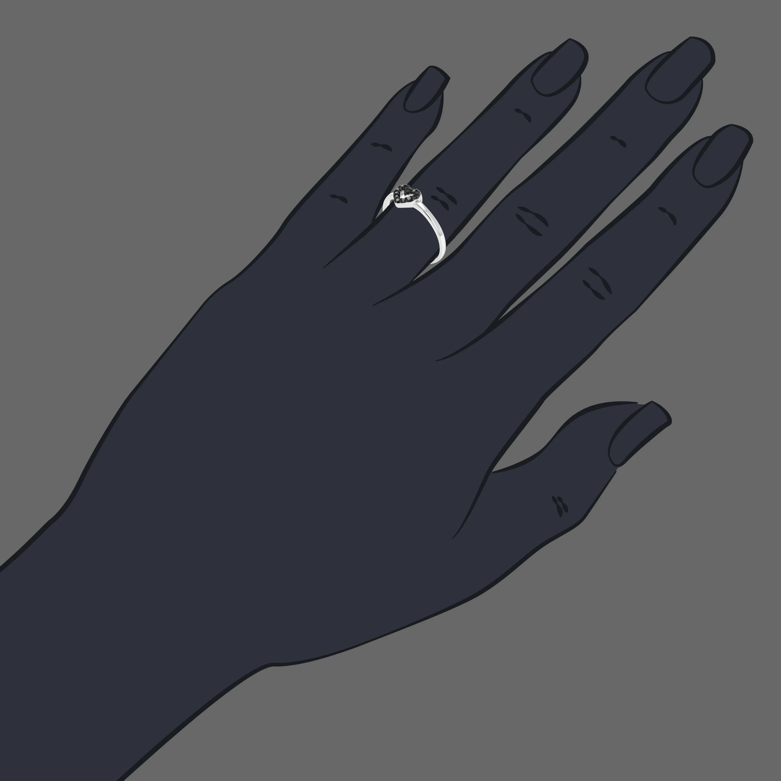 1/10 cttw Black Diamond Heart Shape Ring .925 Sterling Silver Rhodium