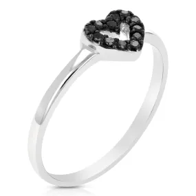 1/10 cttw Black Diamond Heart Shape Ring .925 Sterling Silver Rhodium