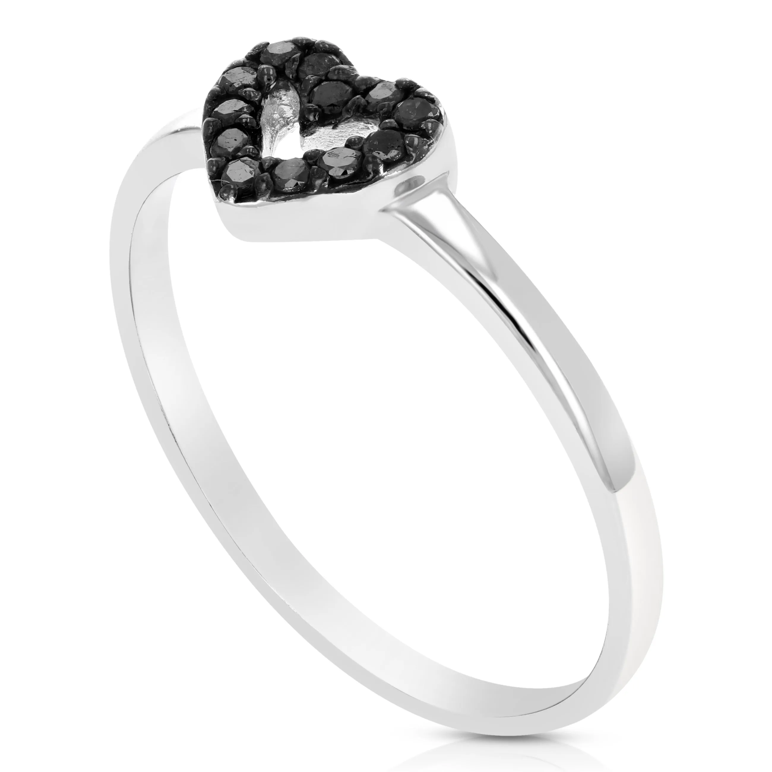 1/10 cttw Black Diamond Heart Shape Ring .925 Sterling Silver Rhodium
