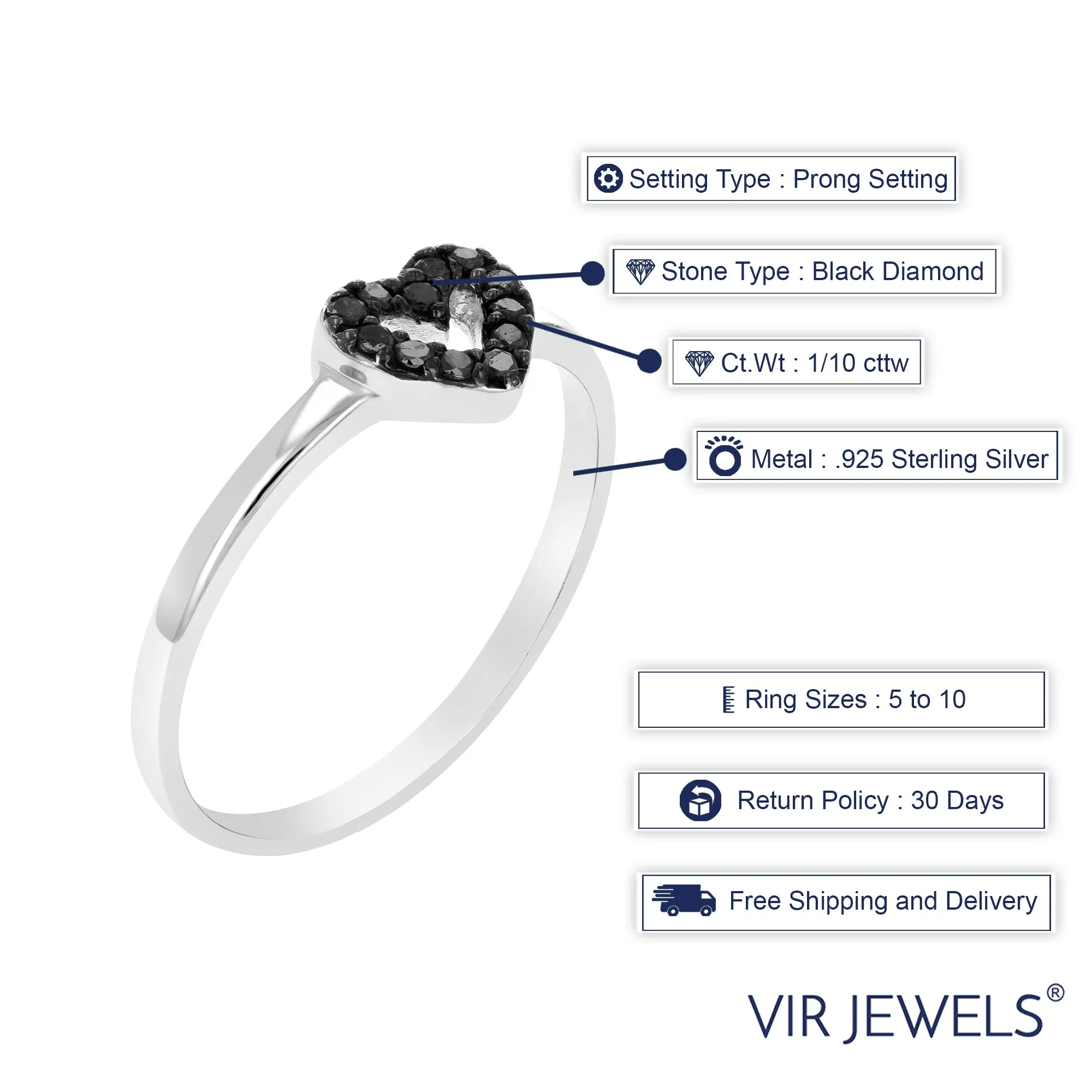 1/10 cttw Black Diamond Heart Shape Ring .925 Sterling Silver Rhodium