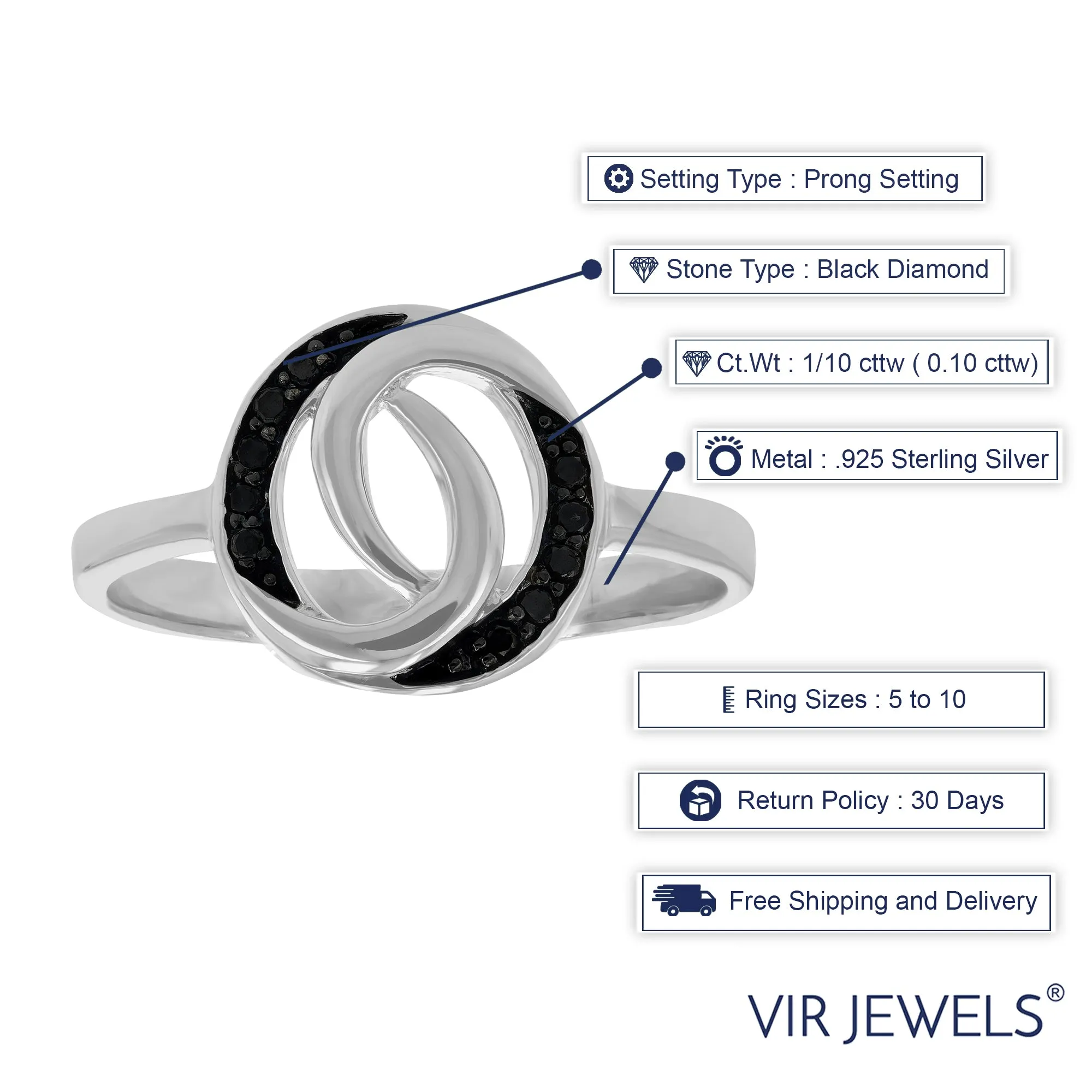 1/10 cttw Black Diamond Ring in .925 Sterling Silver with Rhodium Plating