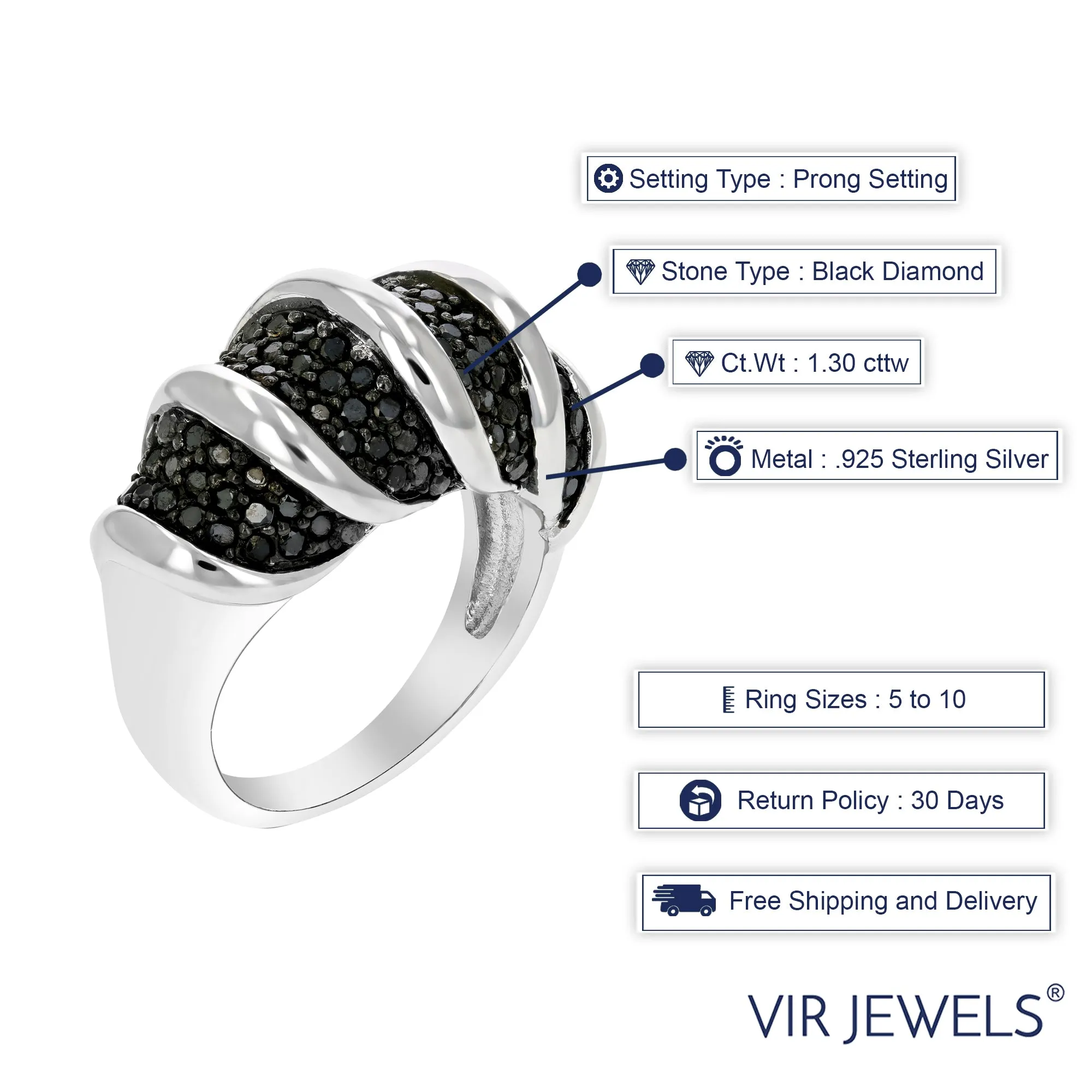 1.30 cttw Black Diamond Ring .925 Sterling Silver with Rhodium Plating