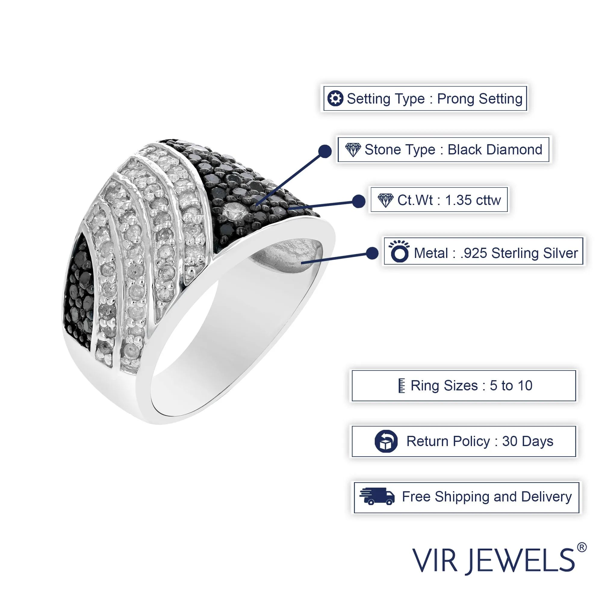 1.35 cttw Black and White Diamond Ring .925 Sterling Silver with Rhodium