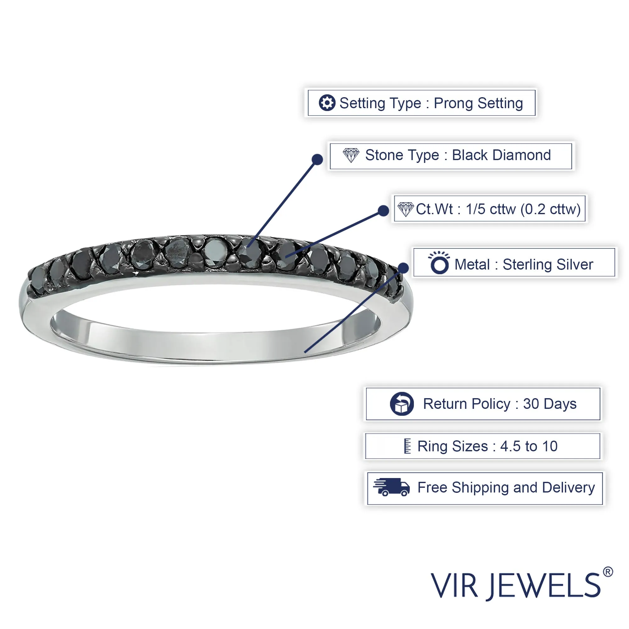 1/5 cttw Black Diamond Ring Wedding Band .925 Sterling Silver 13 Stones Round