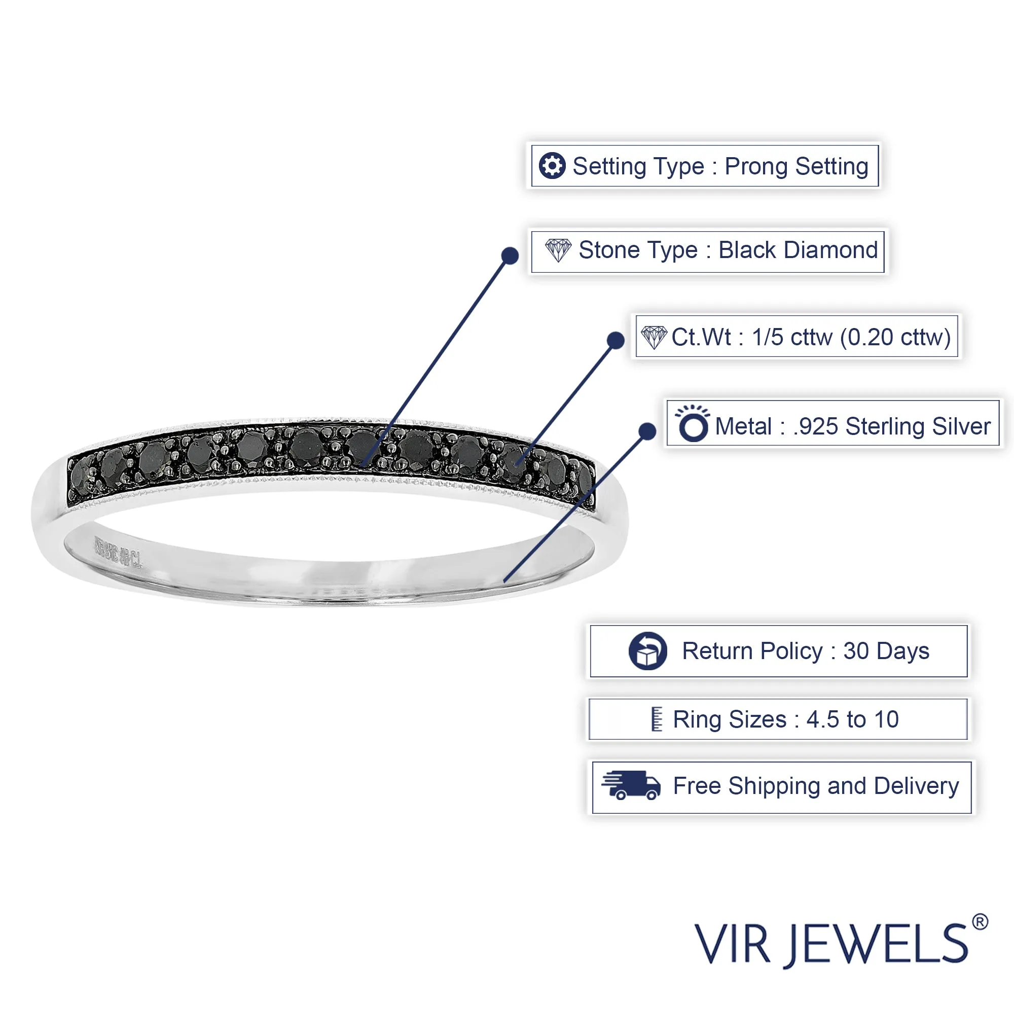 1/5 cttw Black Diamond Wedding Band in .925 Sterling Silver with Milgrain