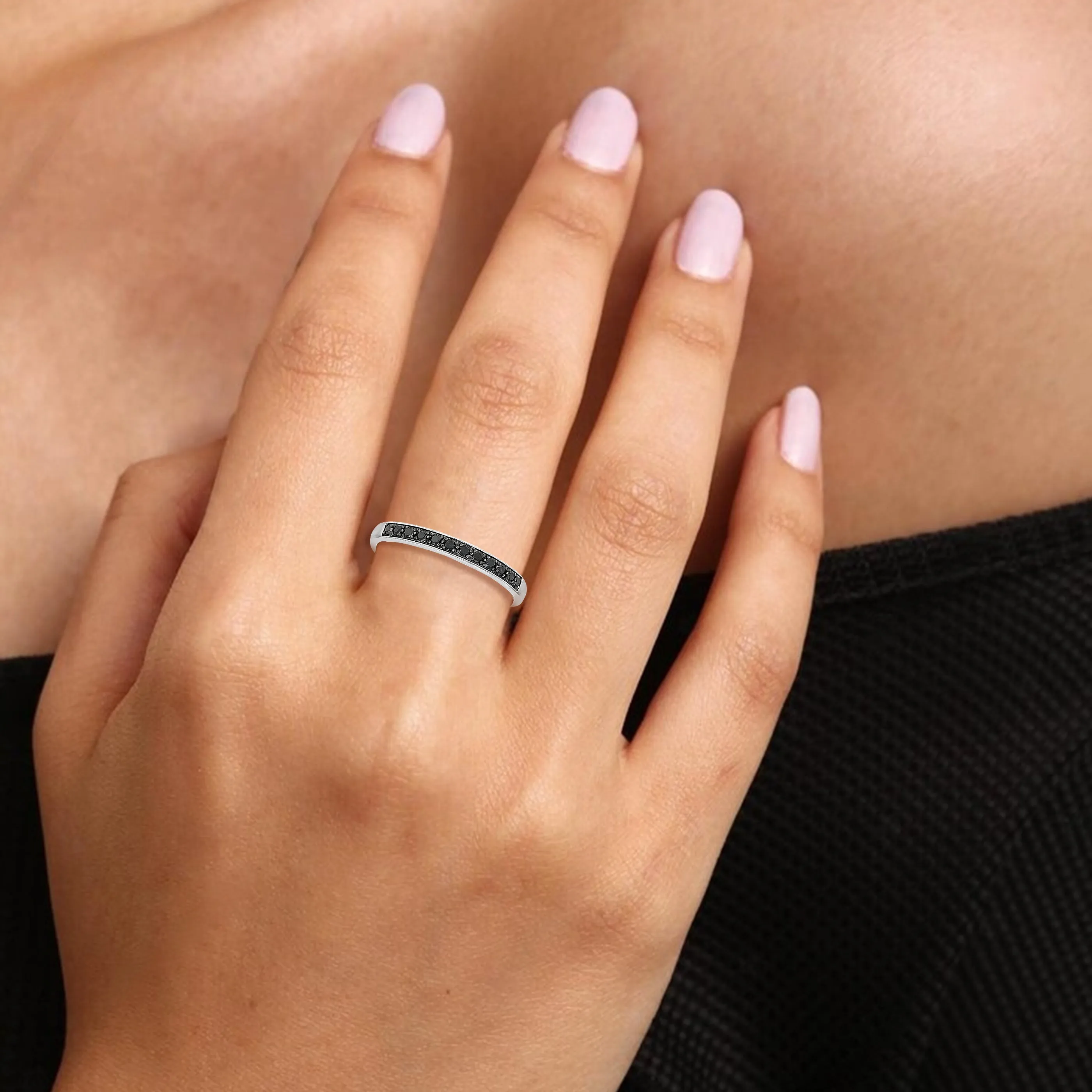 1/5 cttw Black Diamond Wedding Band in .925 Sterling Silver with Milgrain