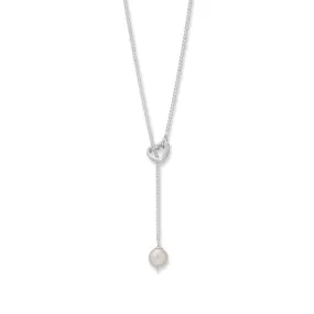 16"   2" Cultured Freshwater Pearl and CZ Heart Lariat Necklace