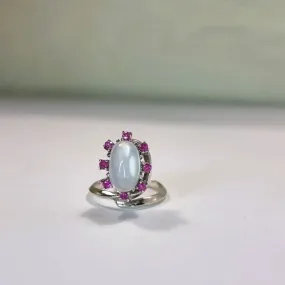2ct Moonstone Surrounded by 8 Pink Ruby Silver Cocktail Ring