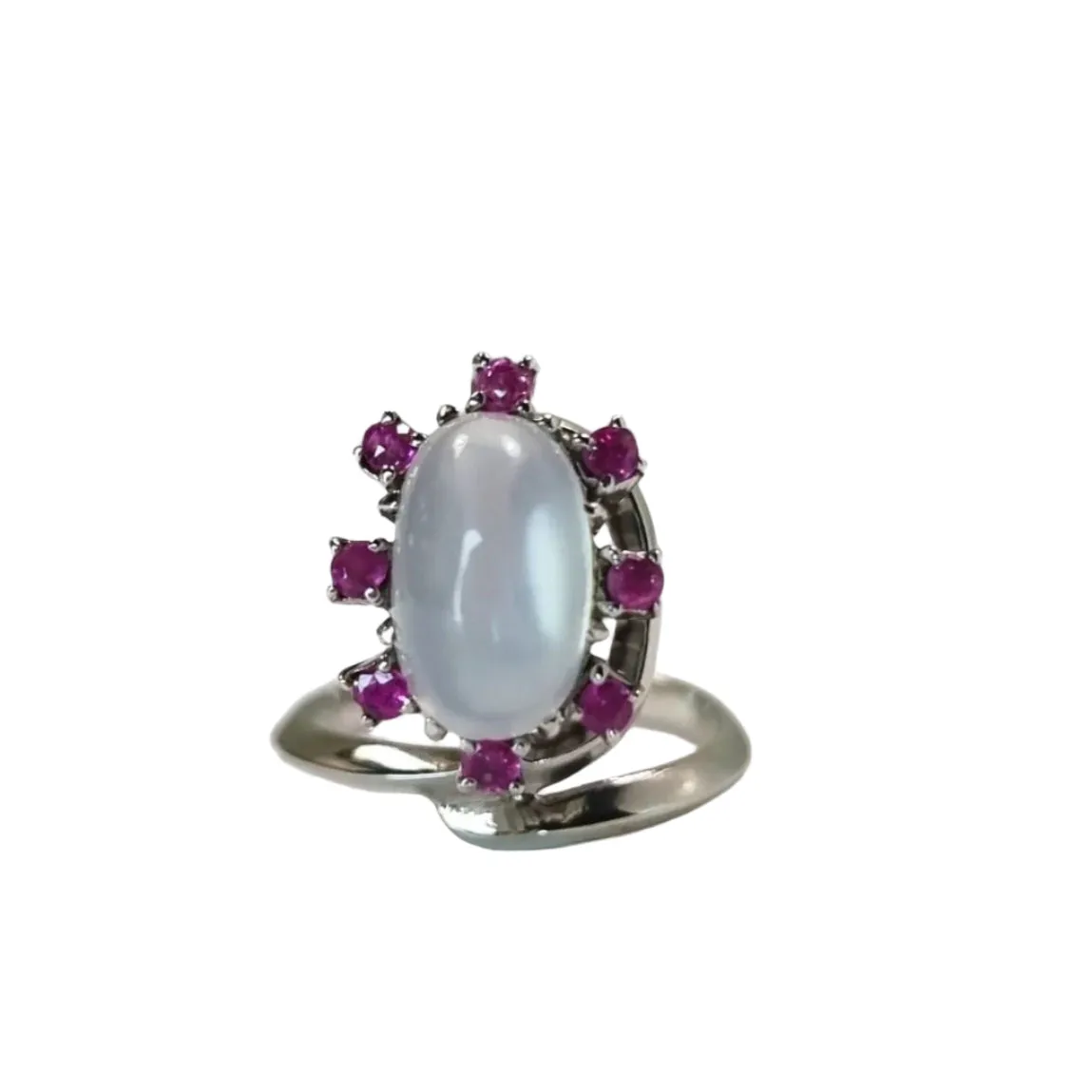 2ct Moonstone Surrounded by 8 Pink Ruby Silver Cocktail Ring