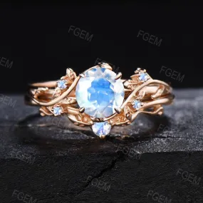 6.5mm Round Cut Rainbow Moonstone Engagement Ring Set Dainty Solid Gold Twig Natural Moonstone Bridal Set Healing Crystal Ring Promise Gift