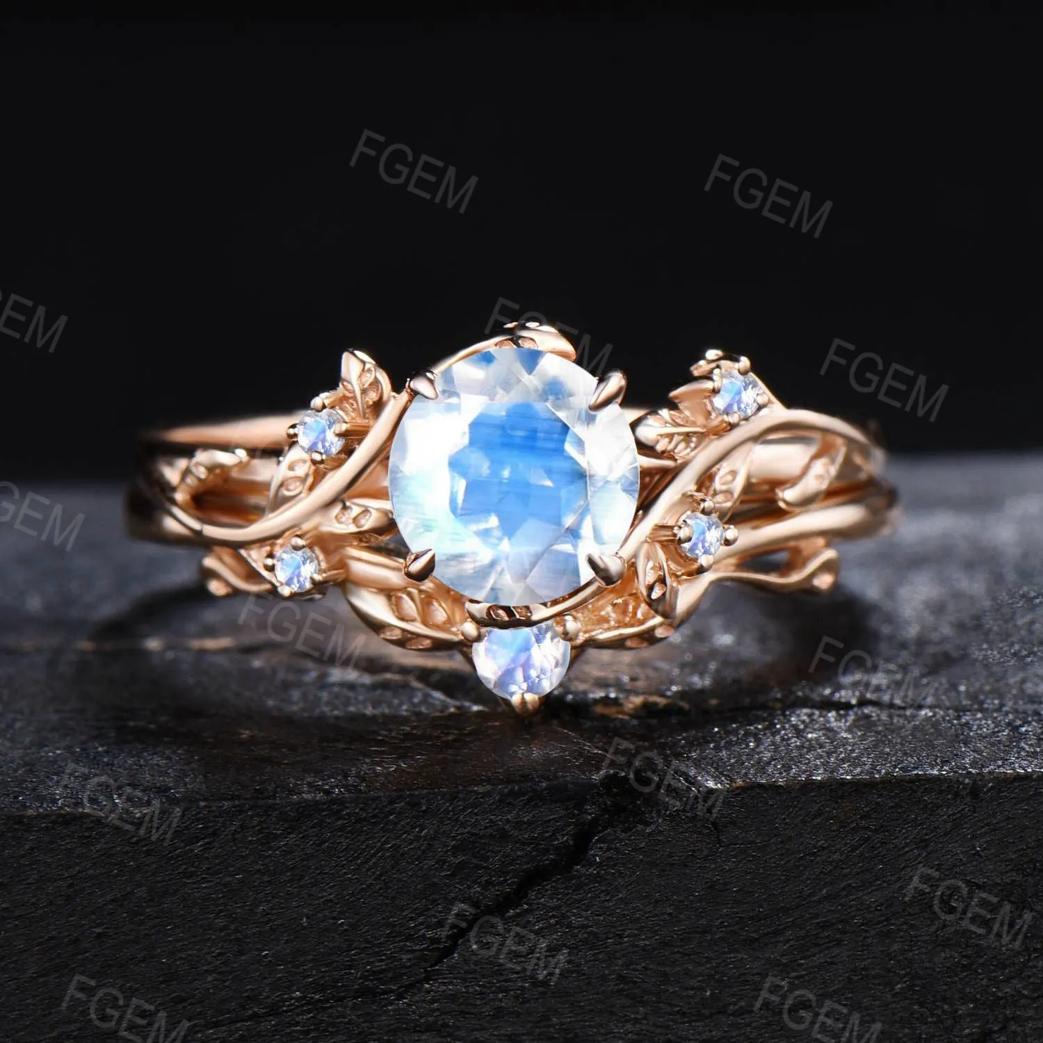 6.5mm Round Cut Rainbow Moonstone Engagement Ring Set Dainty Solid Gold Twig Natural Moonstone Bridal Set Healing Crystal Ring Promise Gift