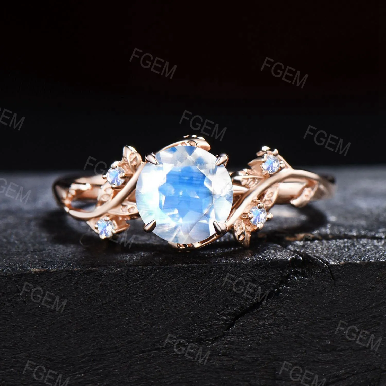 6.5mm Round Cut Rainbow Moonstone Engagement Ring Set Dainty Solid Gold Twig Natural Moonstone Bridal Set Healing Crystal Ring Promise Gift
