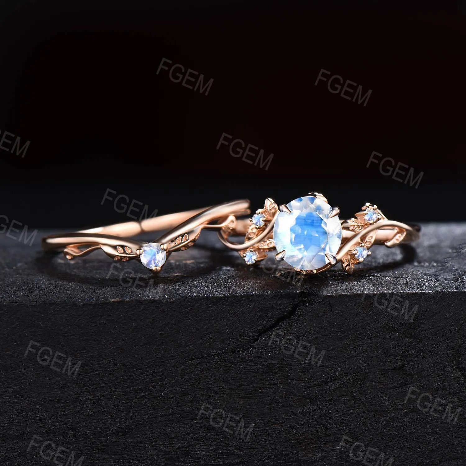 6.5mm Round Cut Rainbow Moonstone Engagement Ring Set Dainty Solid Gold Twig Natural Moonstone Bridal Set Healing Crystal Ring Promise Gift