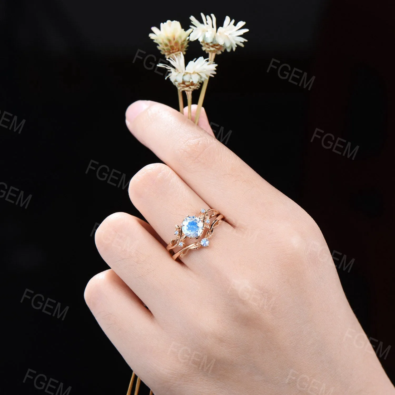 6.5mm Round Cut Rainbow Moonstone Engagement Ring Set Dainty Solid Gold Twig Natural Moonstone Bridal Set Healing Crystal Ring Promise Gift