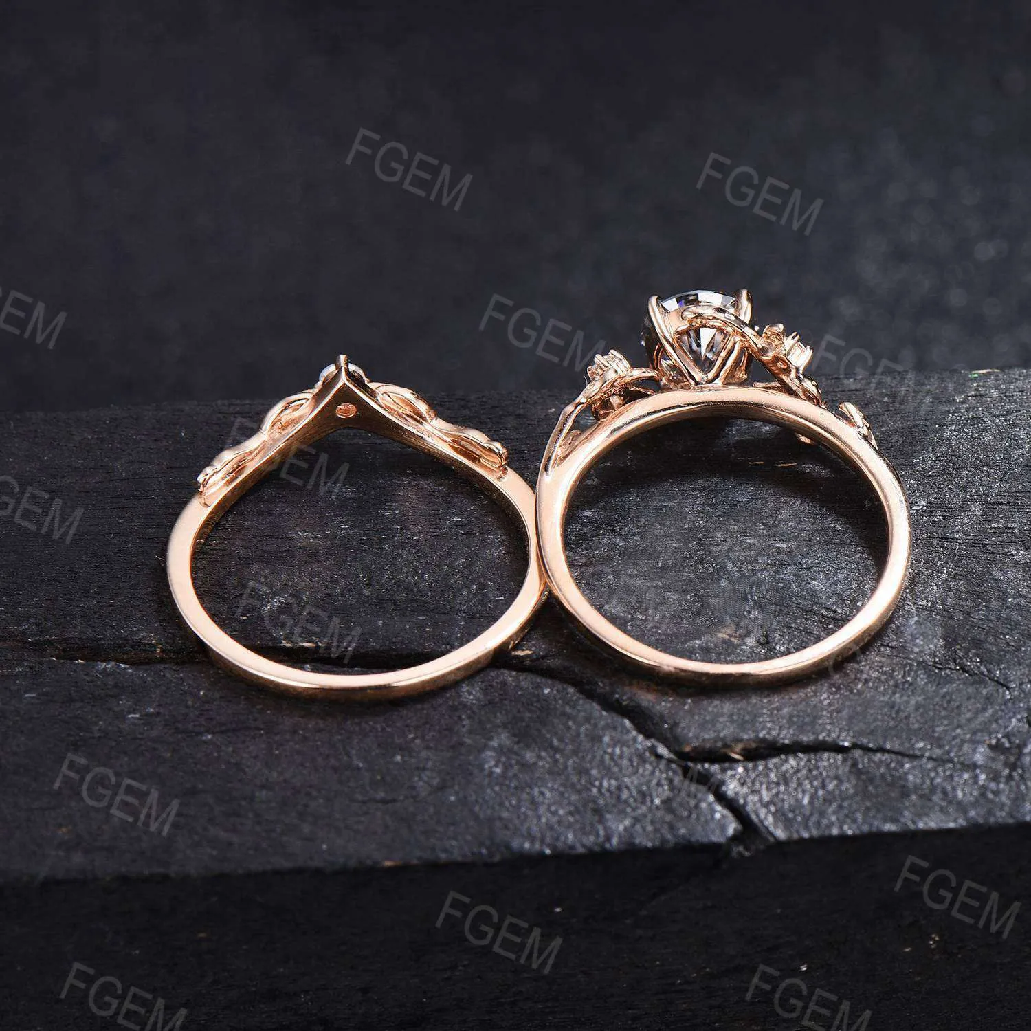 6.5mm Round Cut Rainbow Moonstone Engagement Ring Set Dainty Solid Gold Twig Natural Moonstone Bridal Set Healing Crystal Ring Promise Gift