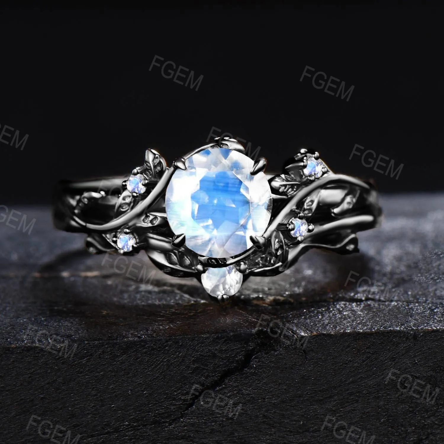 6.5mm Round Cut Rainbow Moonstone Engagement Ring Set Dainty Solid Gold Twig Natural Moonstone Bridal Set Healing Crystal Ring Promise Gift