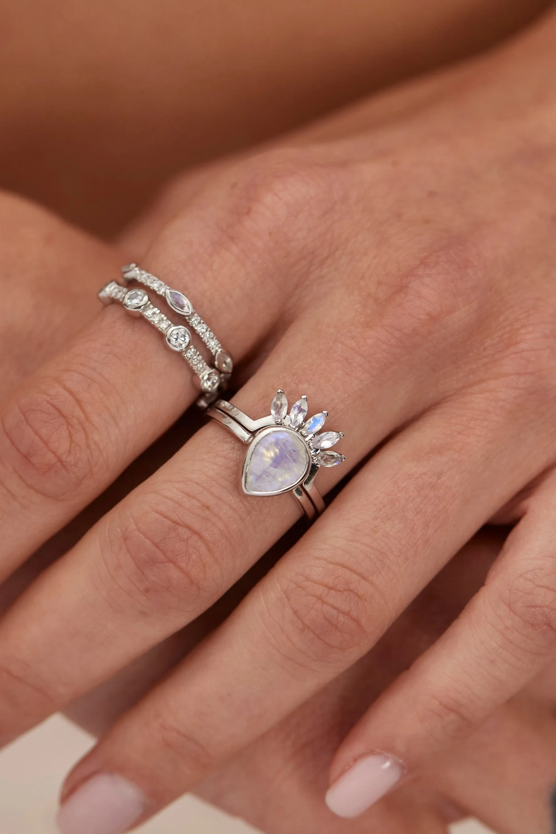 9K White Gold Moonstone Tear Drop Ring