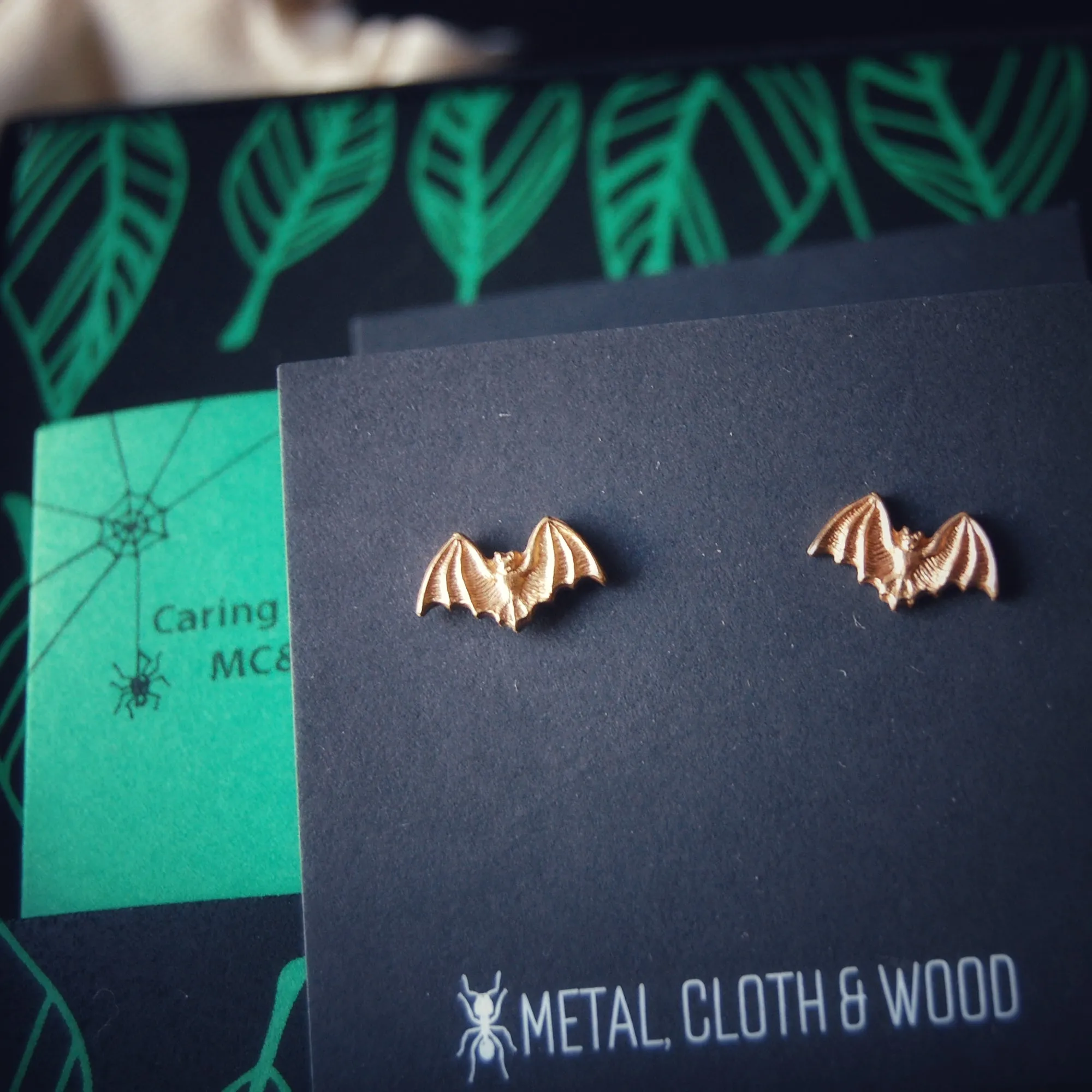 Antiqued or Bright Gold Bat Stud Earrings with Brass Bats and Sterling Silver Posts and Earring Backs