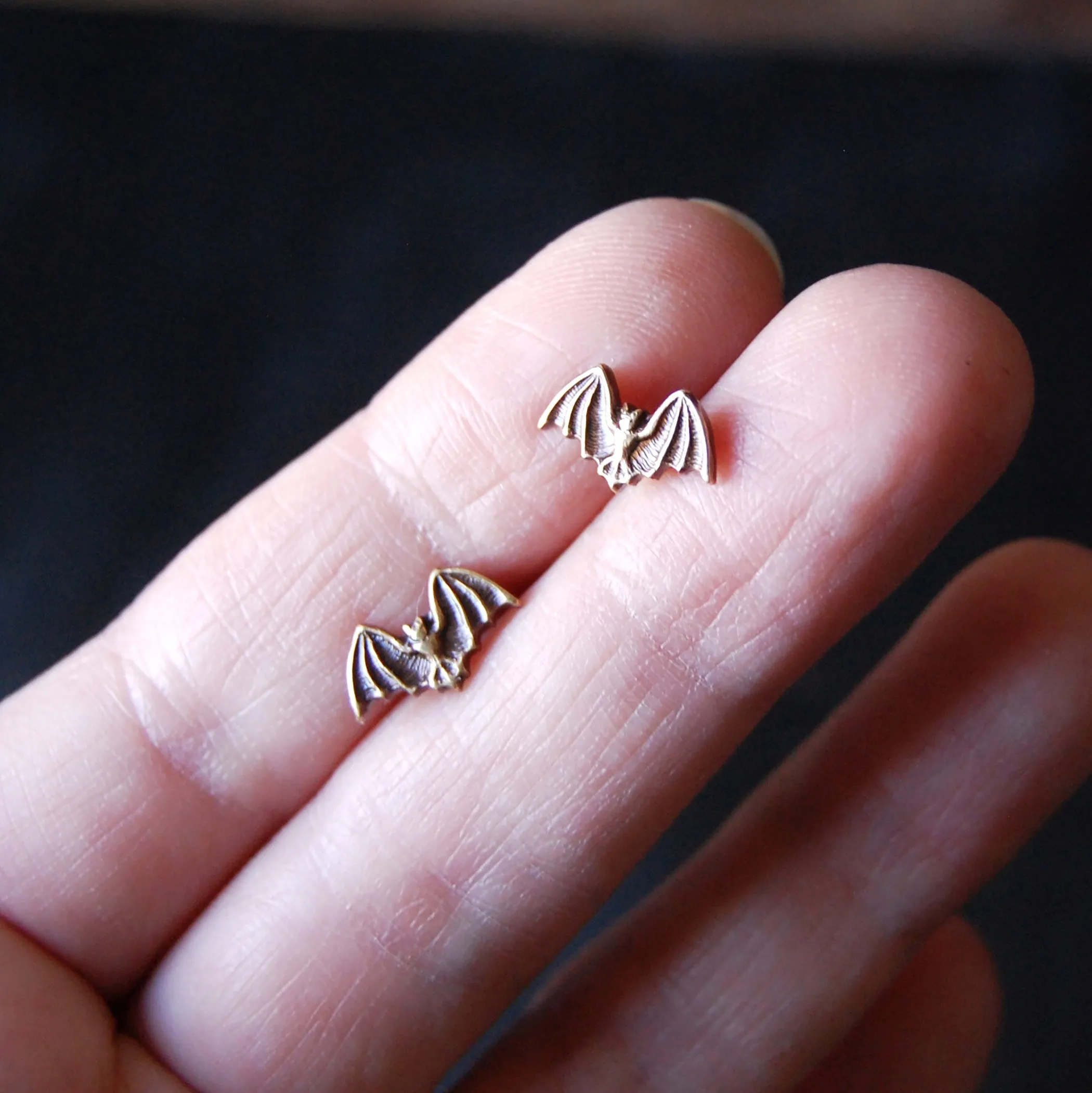 Antiqued or Bright Gold Bat Stud Earrings with Brass Bats and Sterling Silver Posts and Earring Backs