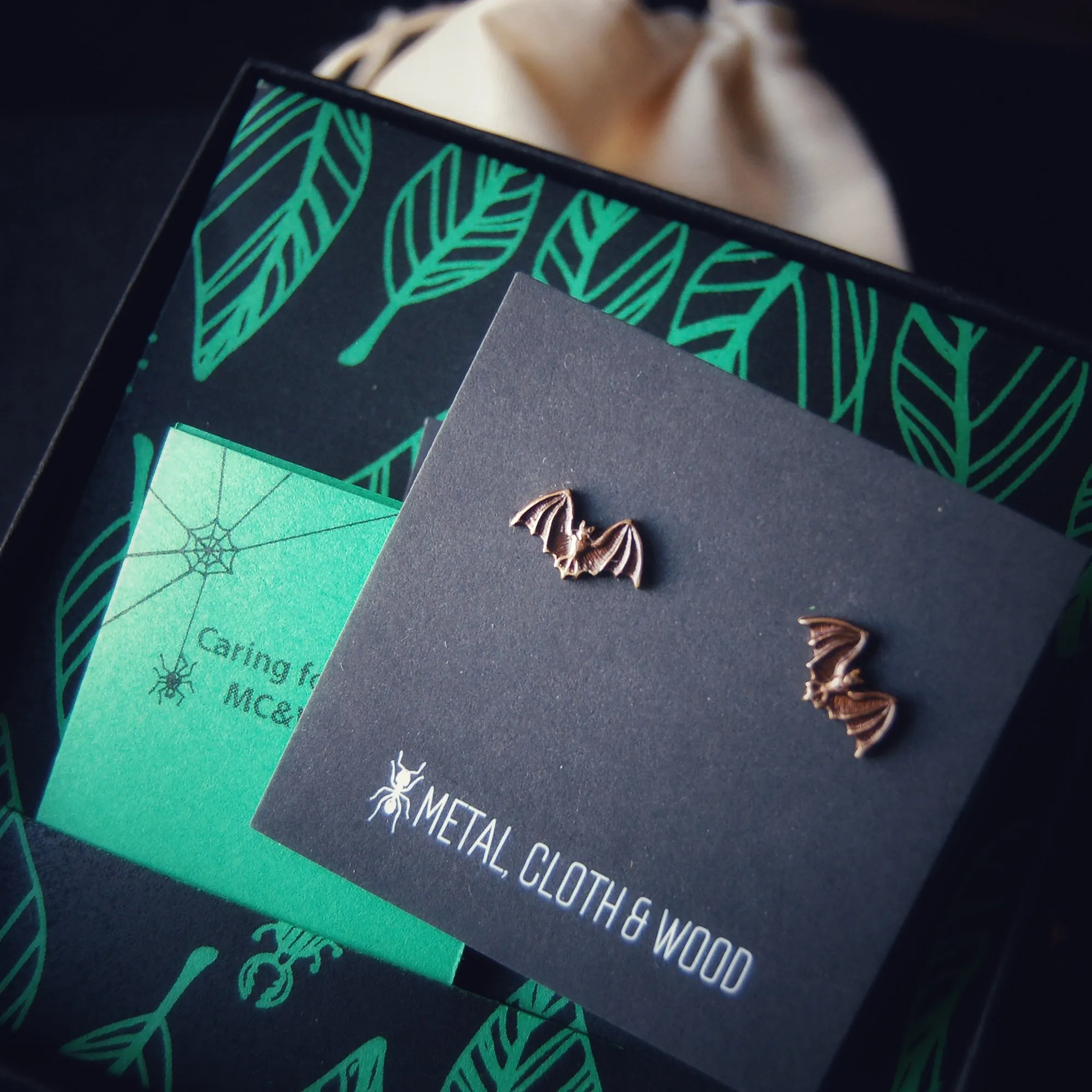 Antiqued or Bright Gold Bat Stud Earrings with Brass Bats and Sterling Silver Posts and Earring Backs
