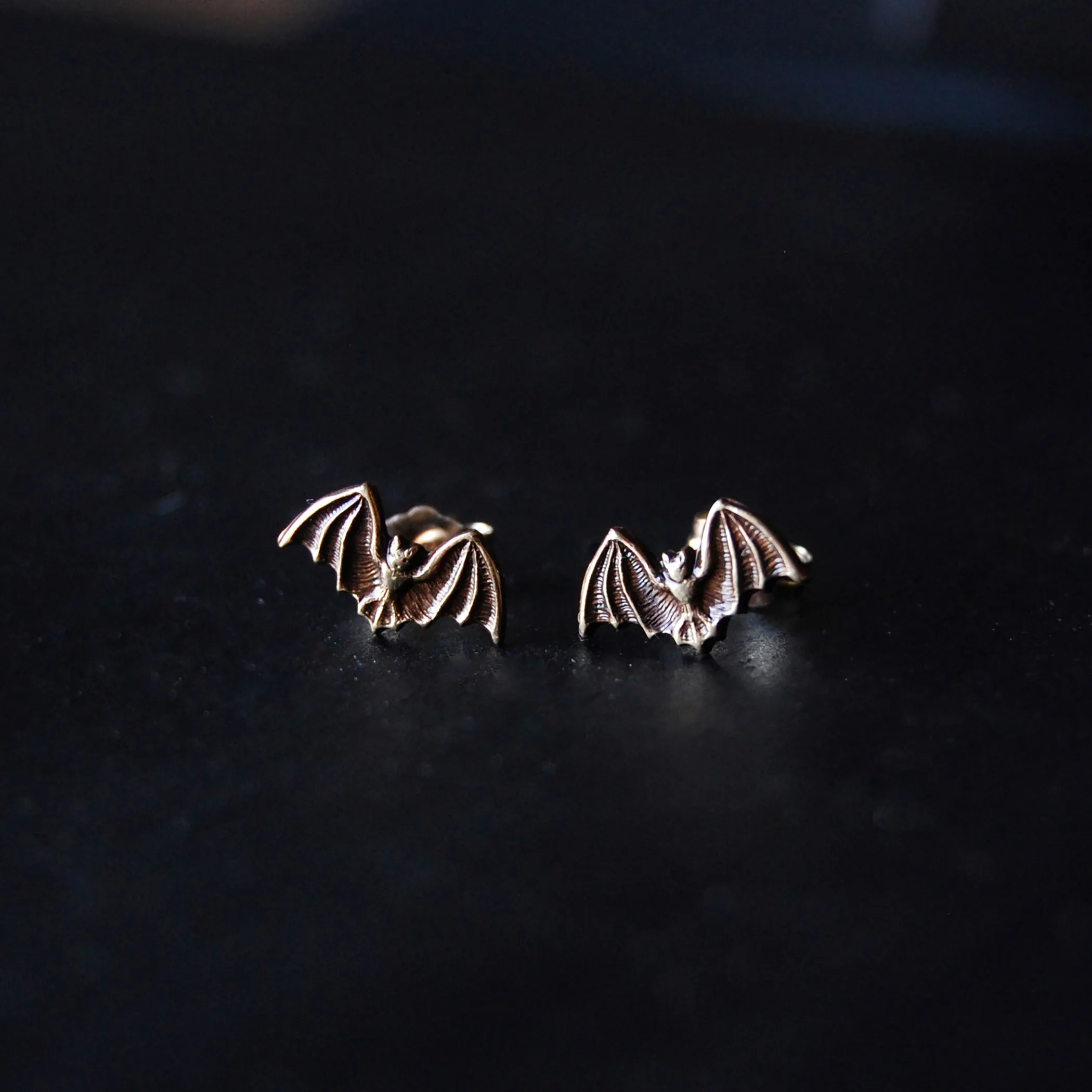 Antiqued or Bright Gold Bat Stud Earrings with Brass Bats and Sterling Silver Posts and Earring Backs