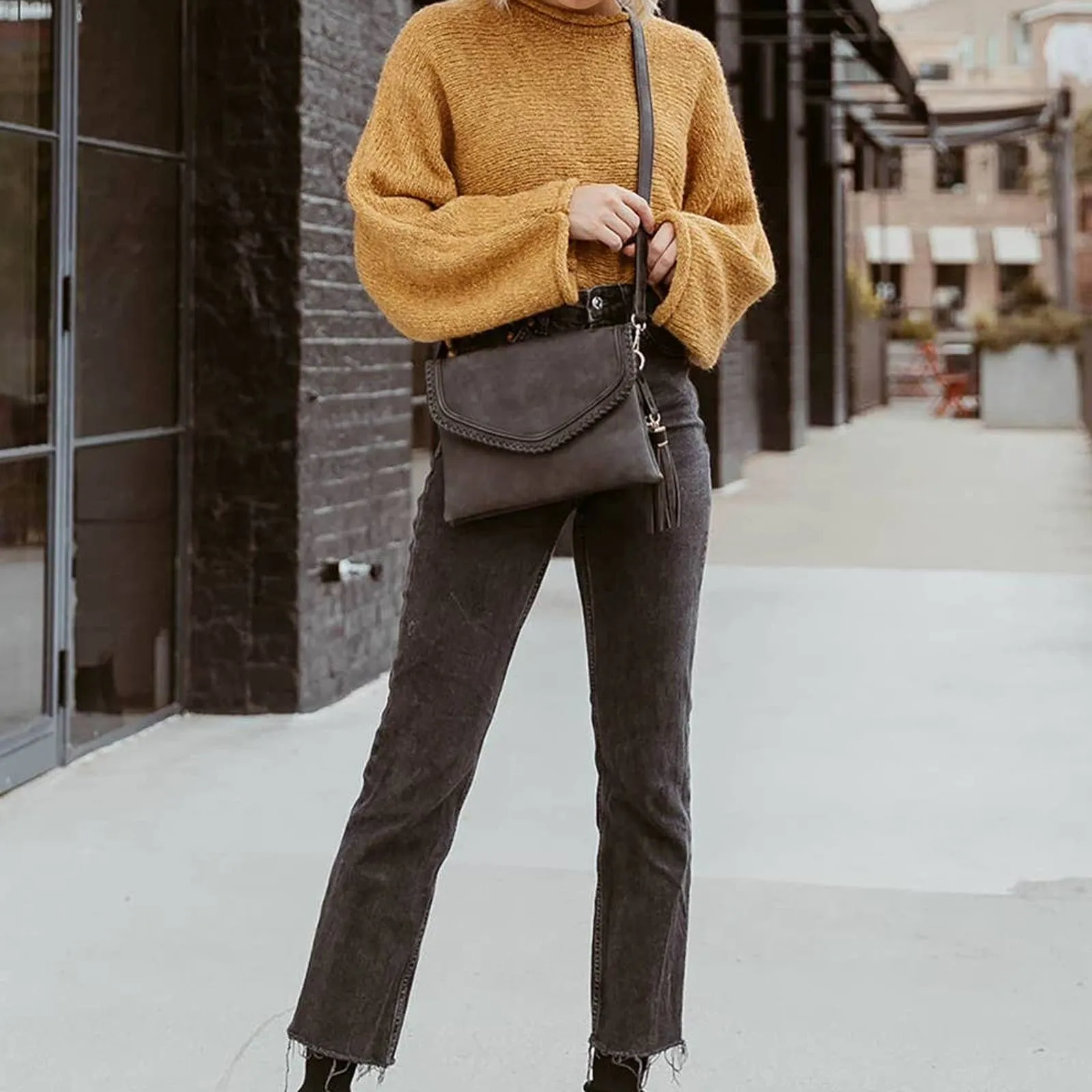 Apricot Coral Flapover Crossbody with Whipstitch and Tassel