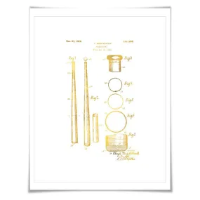 Baseball Bat Patent Illustration Gold Foil Print. 7 Foil Colours. Sports Poster. Vintage Art Print