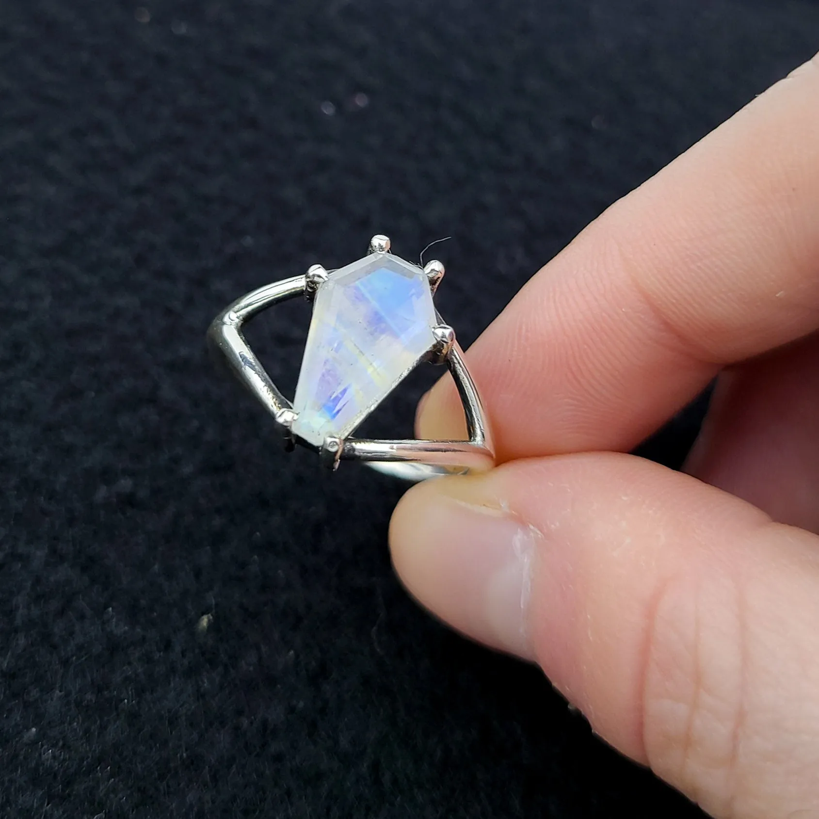 Big Rainbow Moonstone Coffin Ring