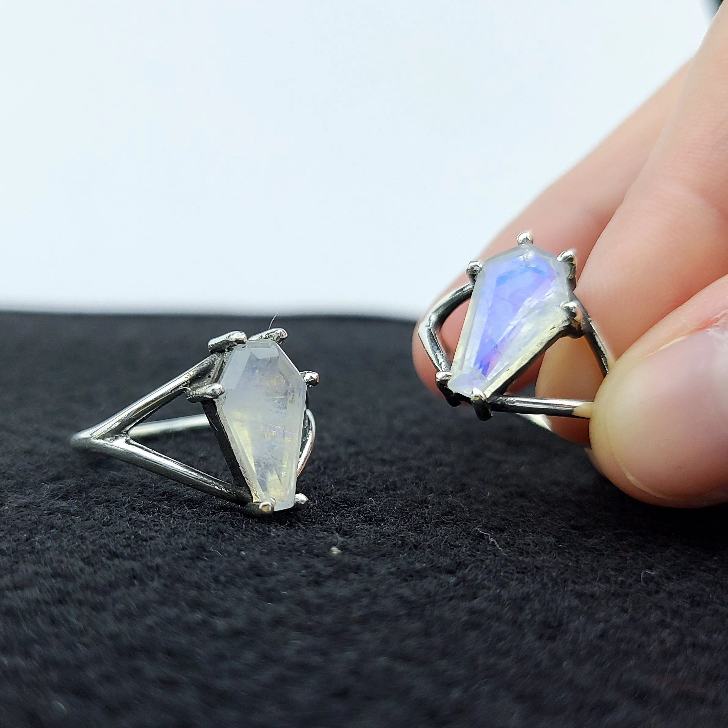 Big Rainbow Moonstone Coffin Ring