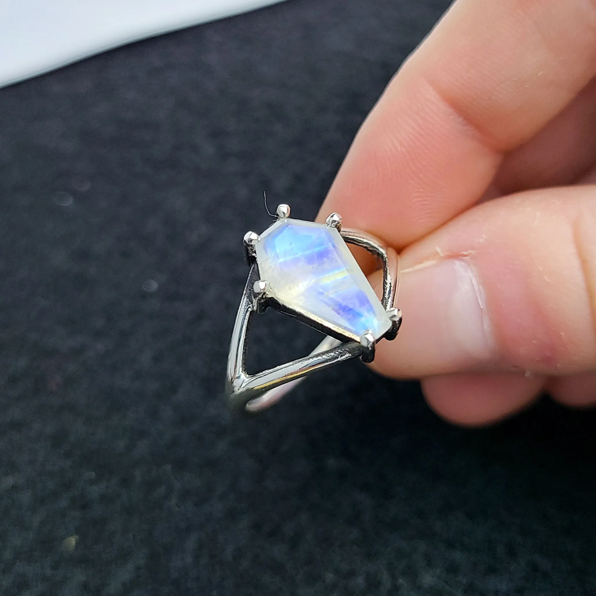 Big Rainbow Moonstone Coffin Ring