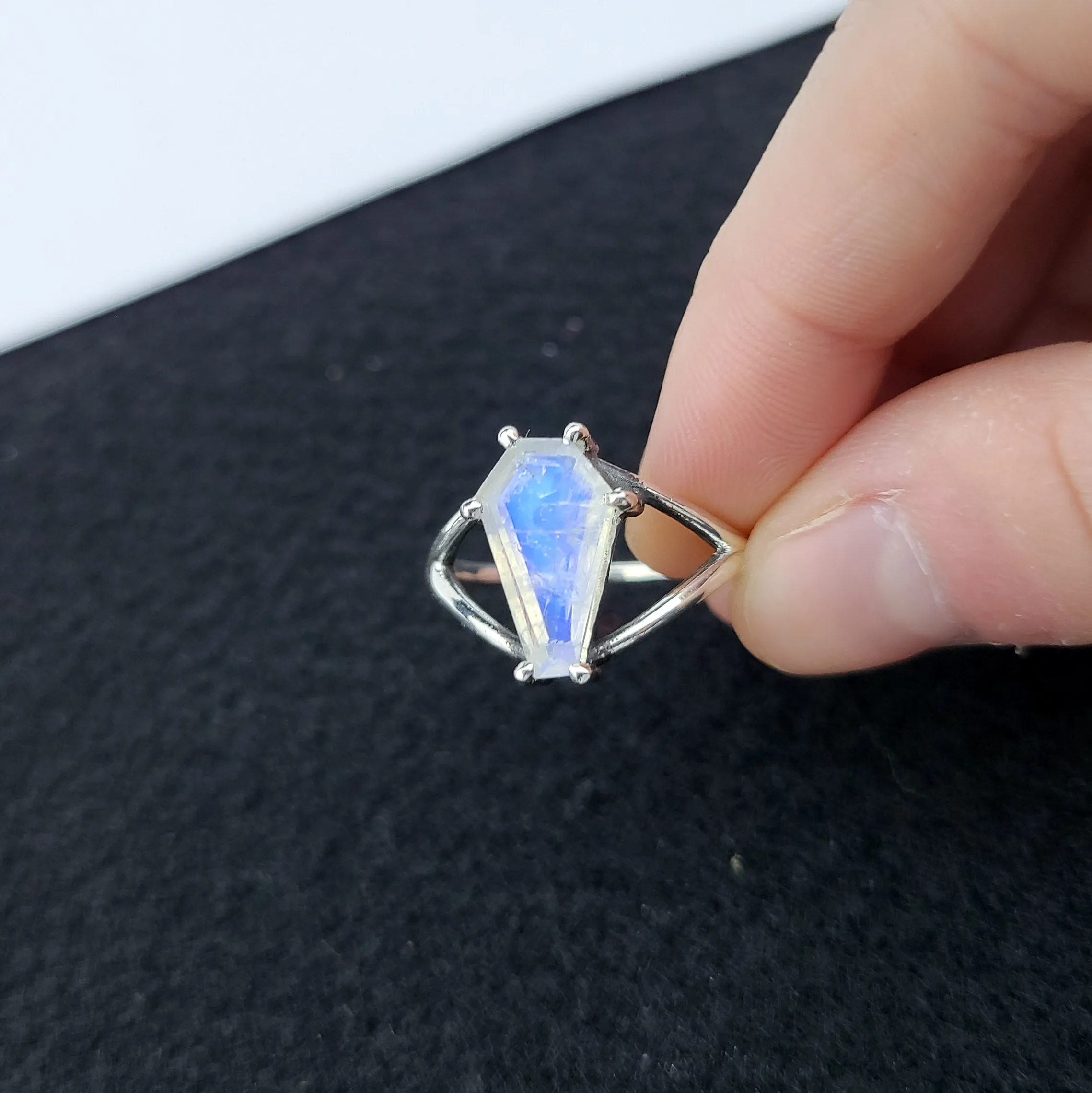 Big Rainbow Moonstone Coffin Ring