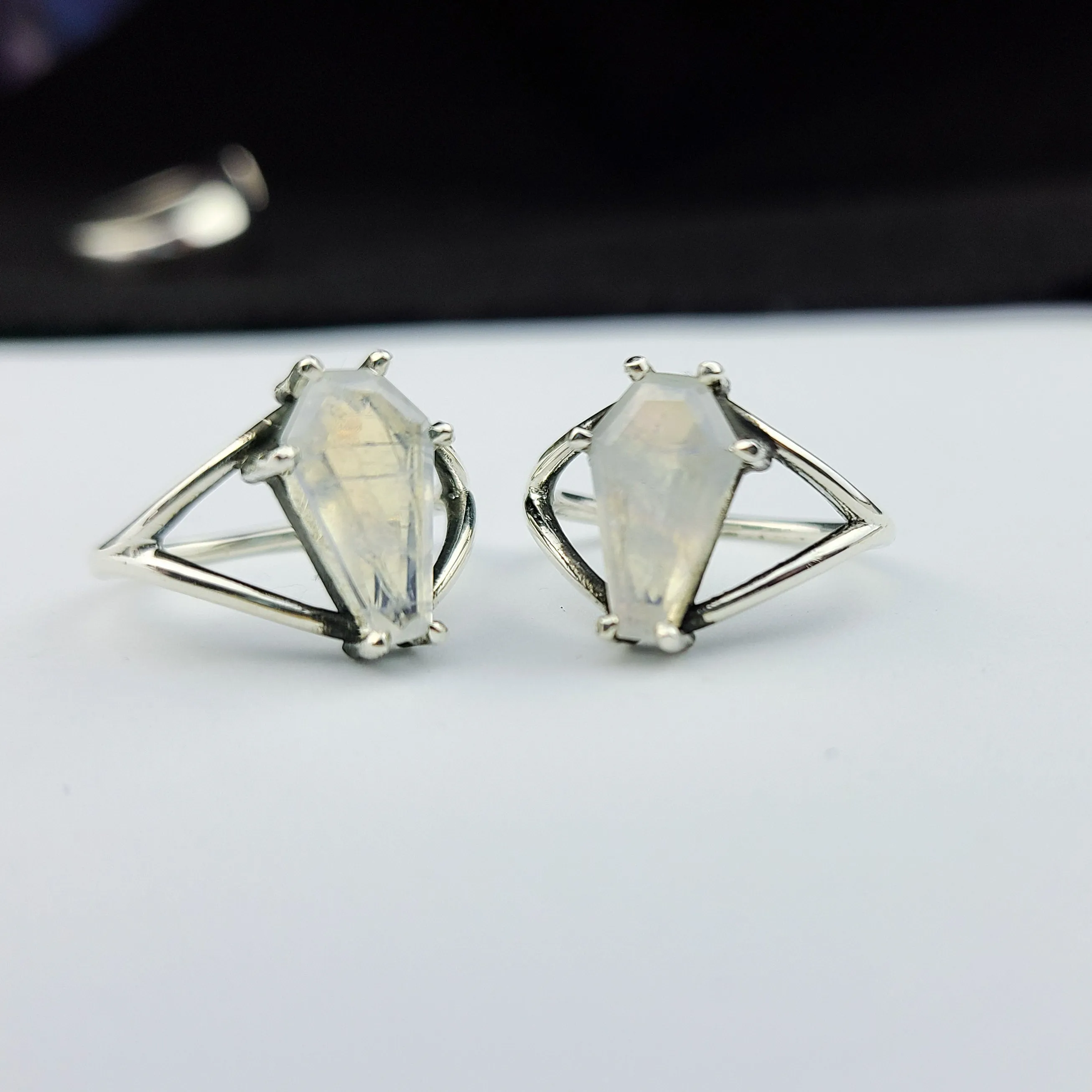 Big Rainbow Moonstone Coffin Ring