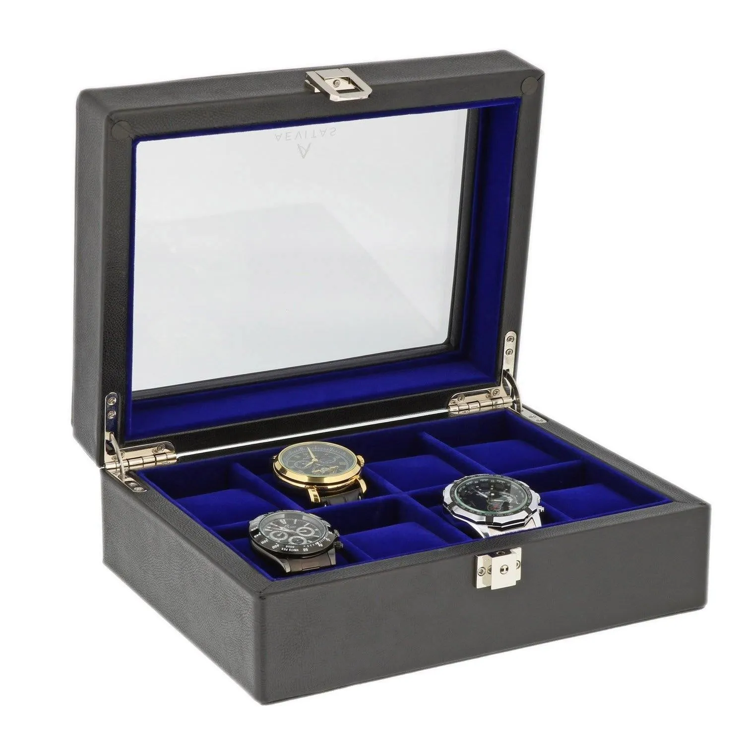 Black Genuine Leather Watch Collectors Box for 8 Wrist Watches Royal Blue Velvet Lining by Aevitas