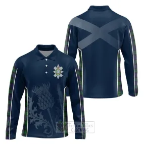 Black Watch Tartan Long Sleeve Polo Shirt with Family Crest and Scottish Thistle Vibes Sport Style
