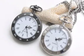 Black/Platinum Large Flat Round Pocket Watch Necklace Set of 1
