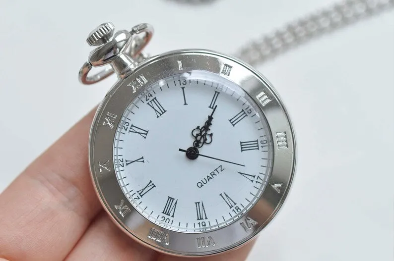 Black/Platinum Large Flat Round Pocket Watch Necklace Set of 1