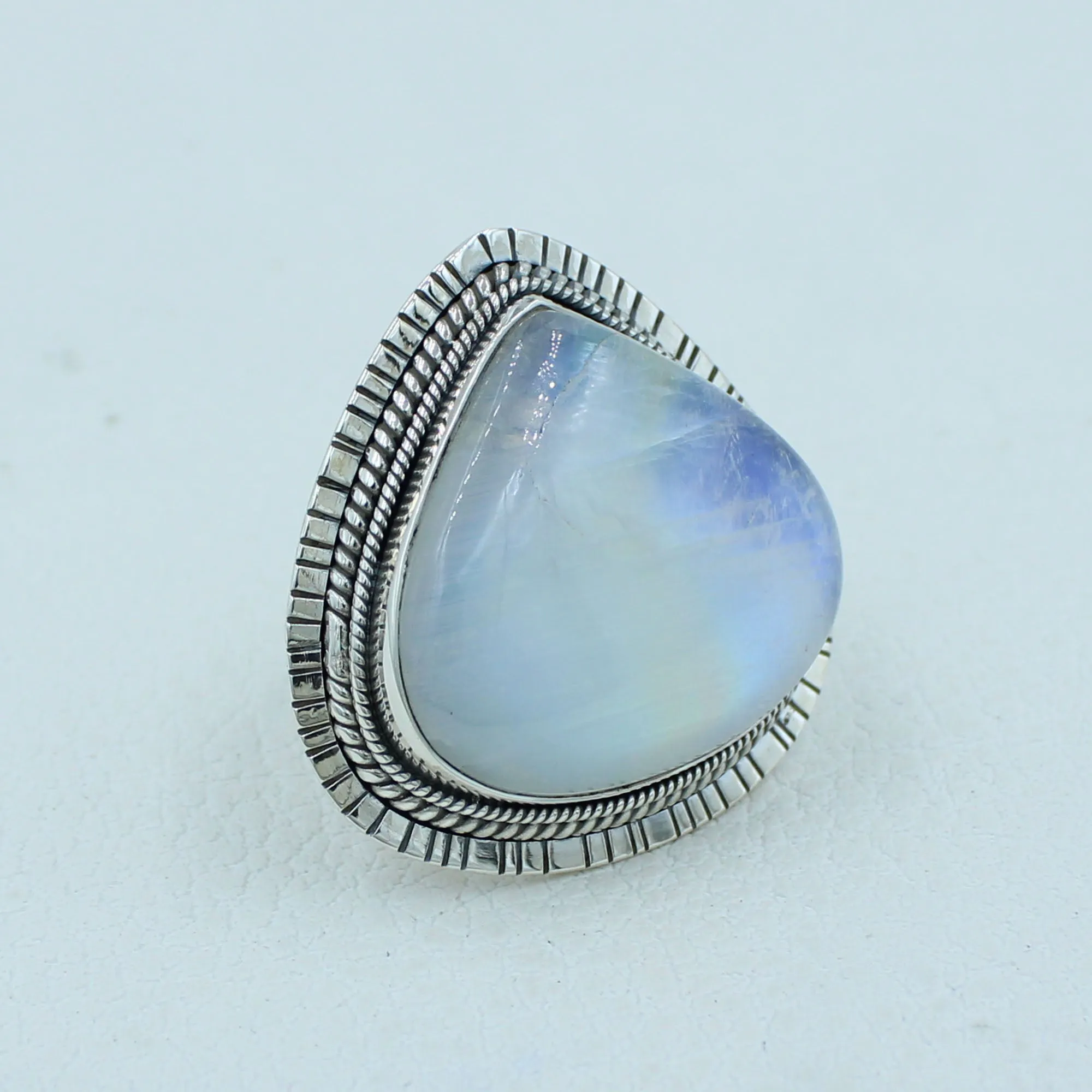Blue Fire Rainbow Moonstone Silver Ring