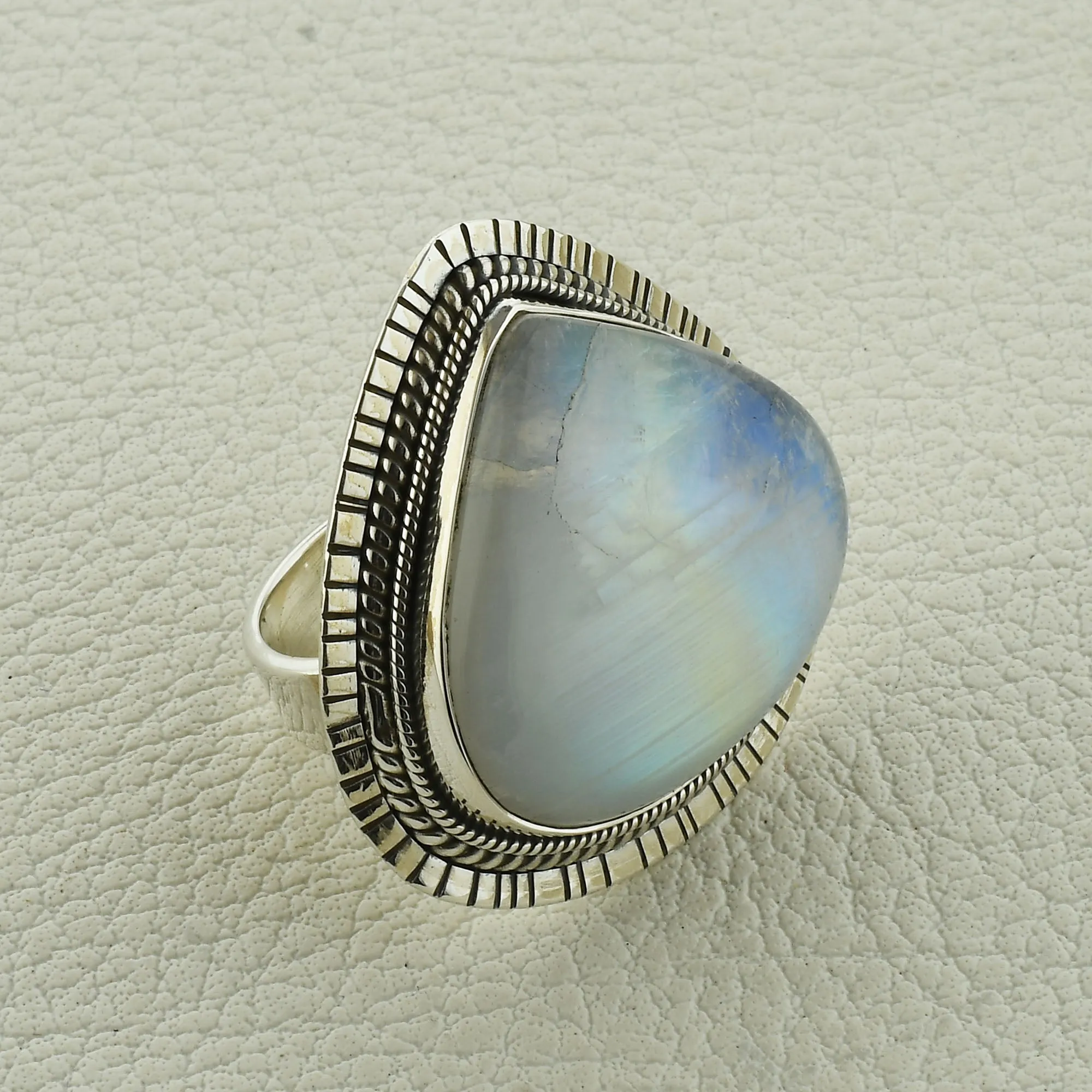 Blue Fire Rainbow Moonstone Silver Ring