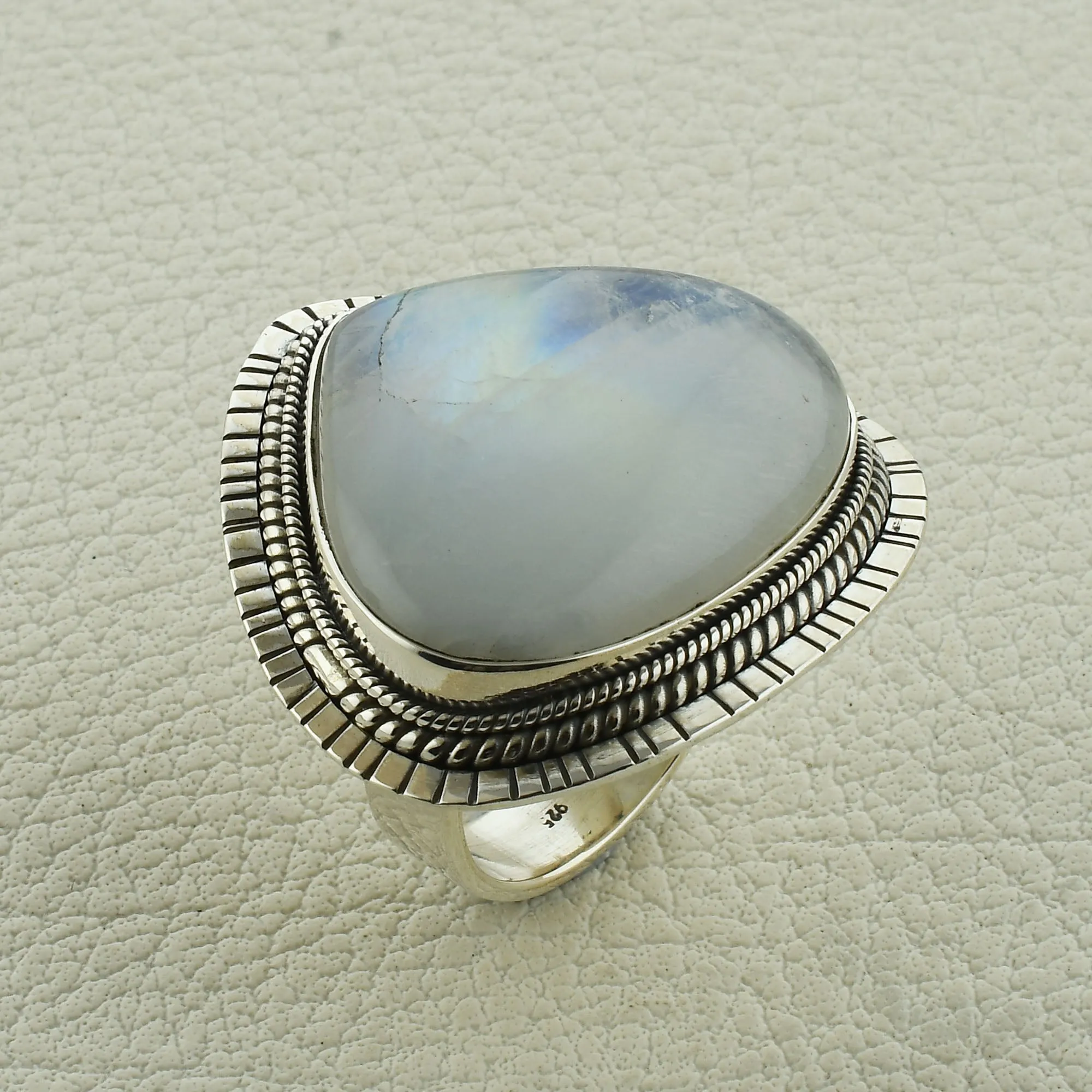 Blue Fire Rainbow Moonstone Silver Ring