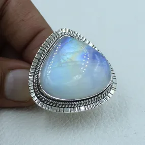 Blue Fire Rainbow Moonstone Silver Ring