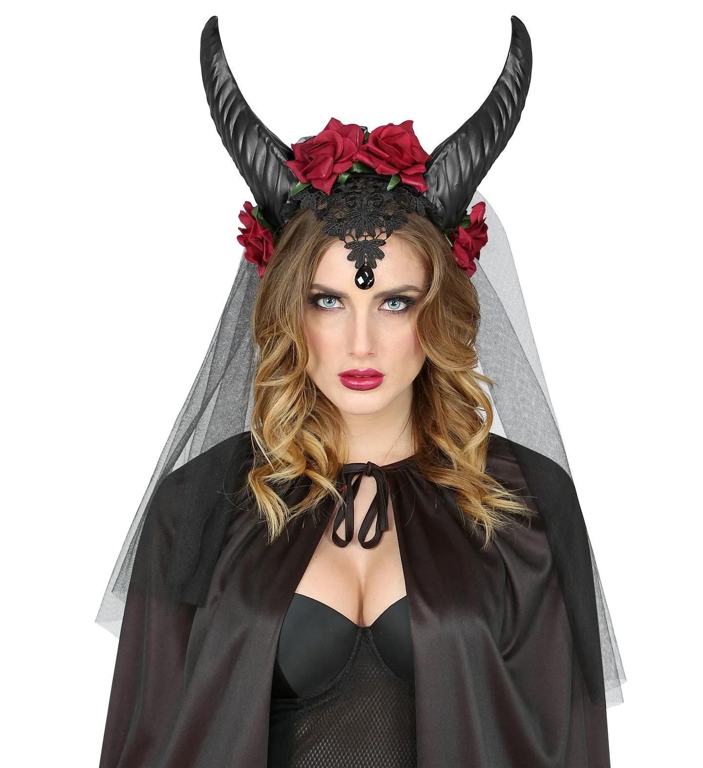 Bridal Veil With Horns Roses Lace Black Gem