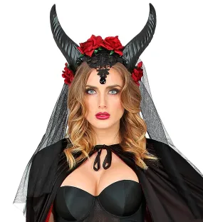 Bridal Veil With Horns Roses Lace Black Gem