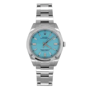 Certified Pre-Owned Rolex Silvertone Stainless Steel Oyster Perpetual with 36X36 MM Turquoise Color Round Dial. 126000