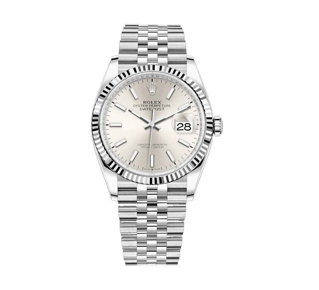 Certified Pre-Owned Rolex White Stainless Steel Oyster Perpetual Datejust with 36X36 MM Silvertone Round Dial. with 18K Gold Bezel