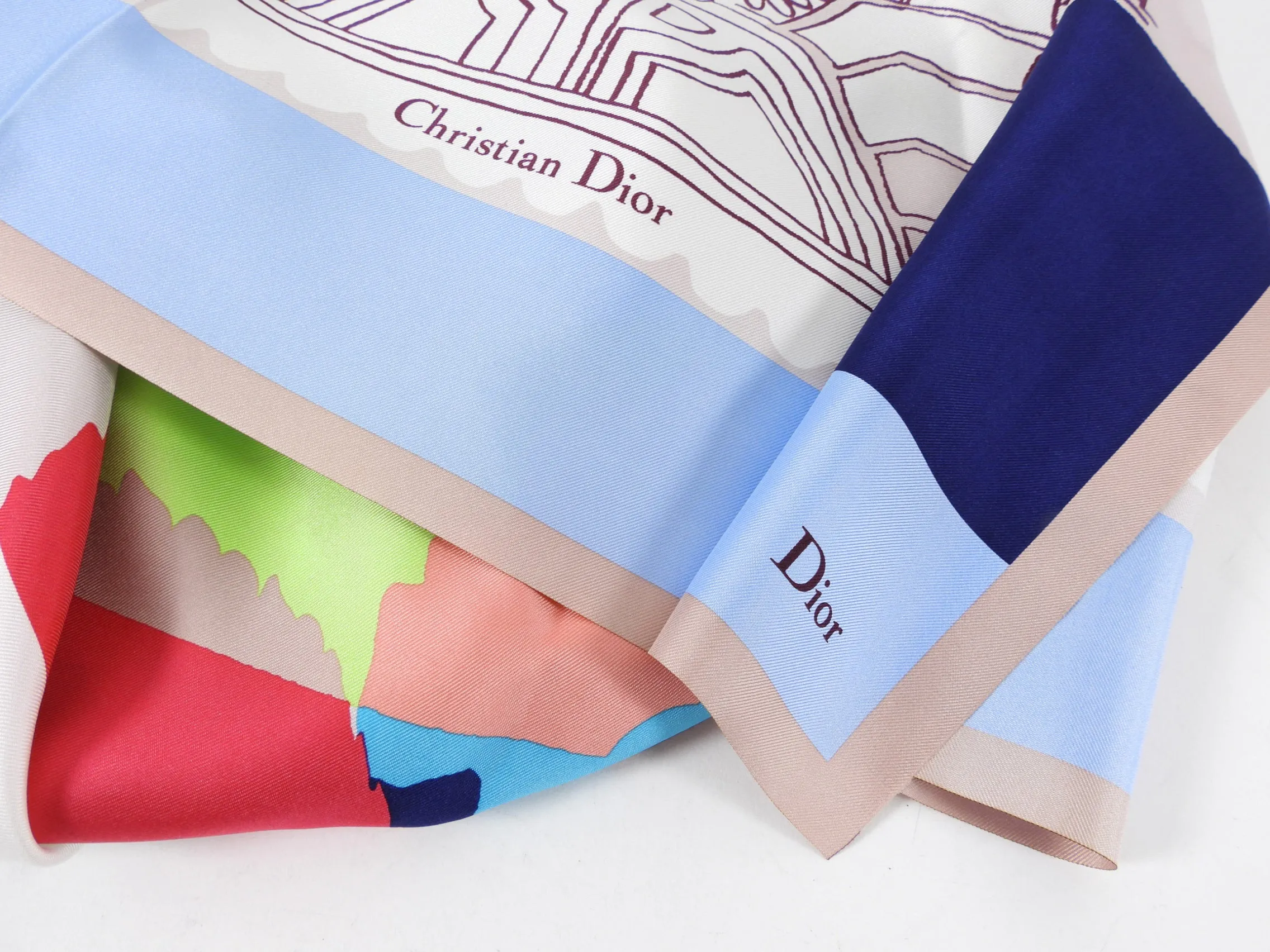 Christian Dior Silk Color Block Drawing Silk Scarf