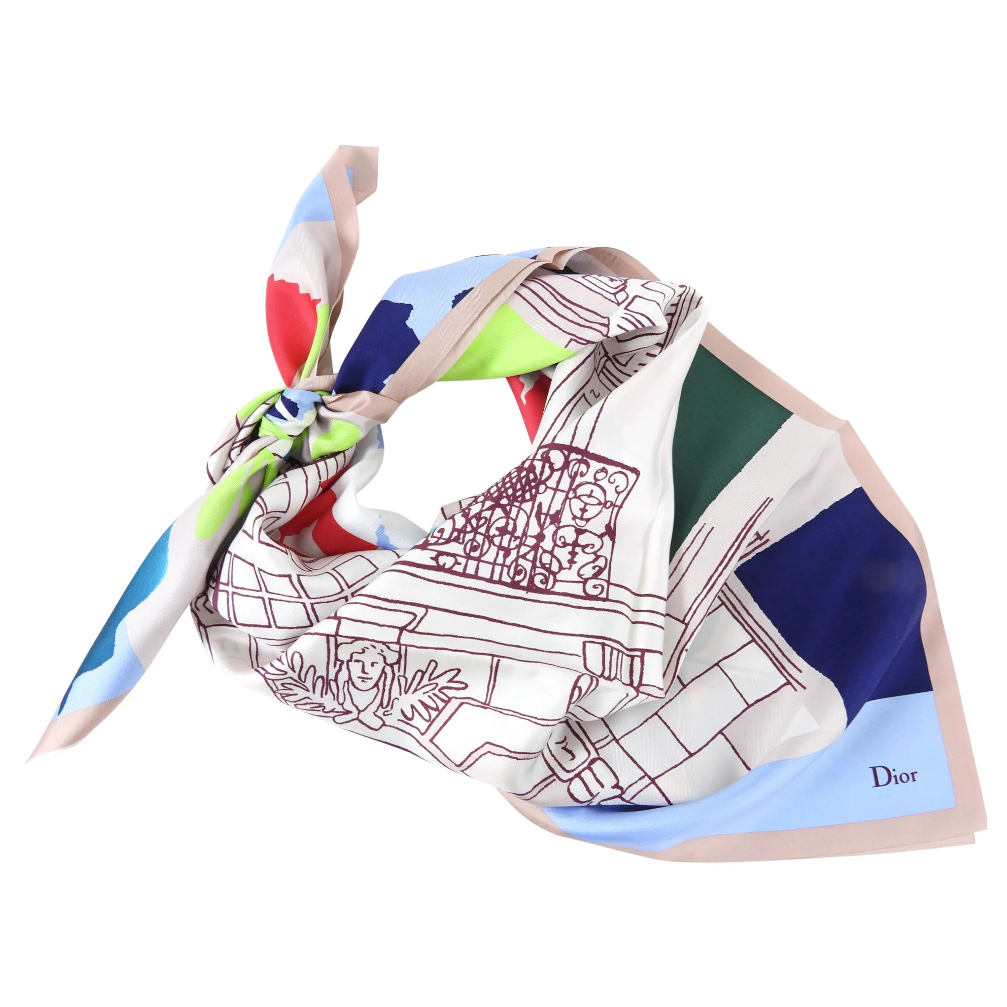 Christian Dior Silk Color Block Drawing Silk Scarf
